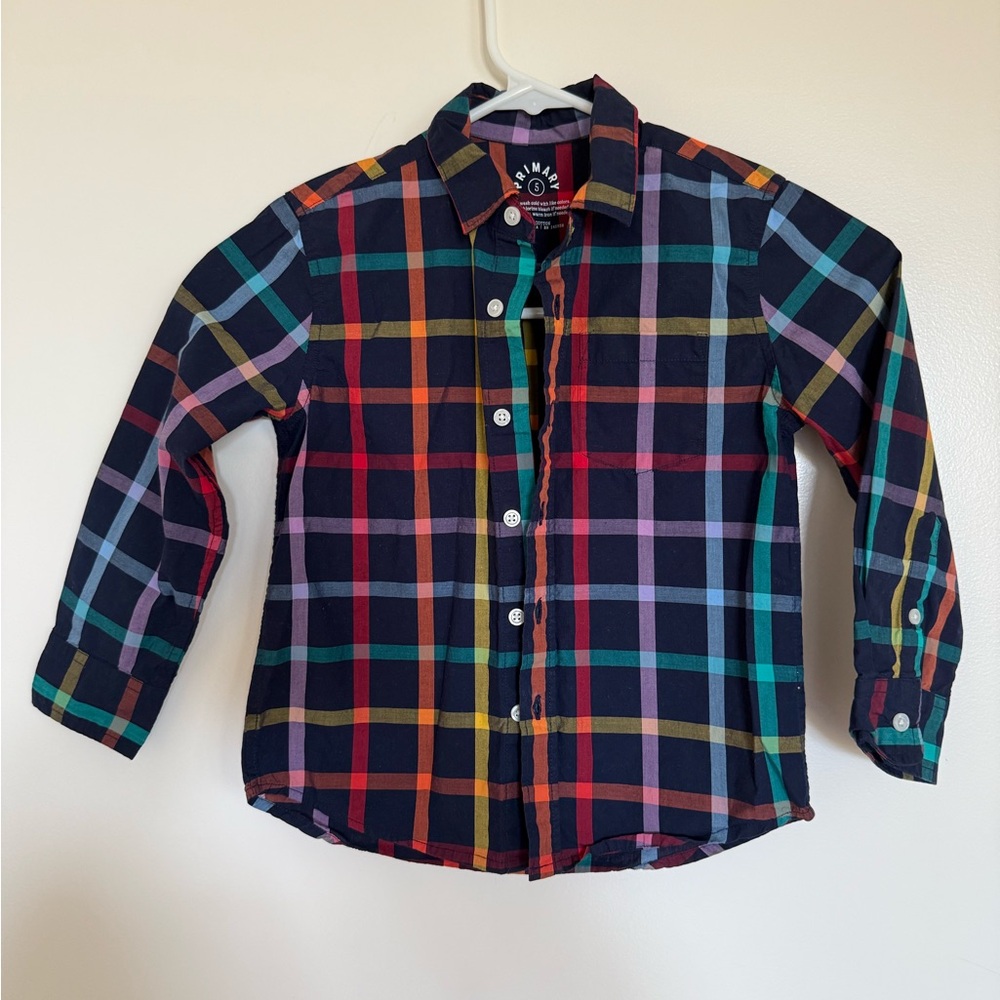 Primary Kids Shirt - Navy with rainbow checks.